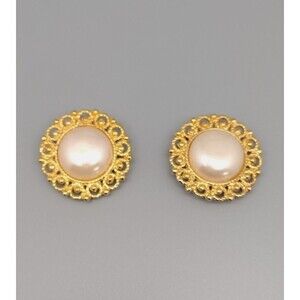 Vintage Shoe Clips Cabochon Faux Pearls Gold Tone Filigree Round 1"